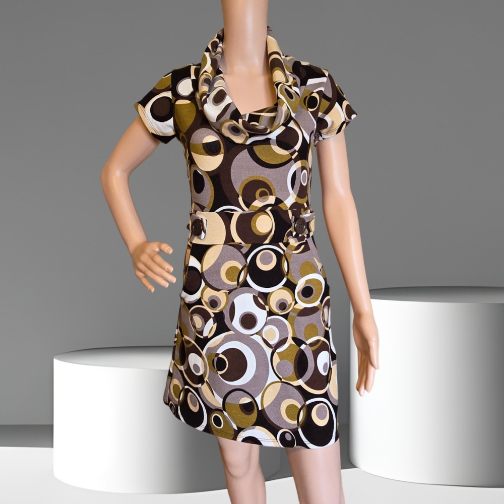 Kali Women's Multicolor Geometric Spots Cowl Neck Tunic Dress